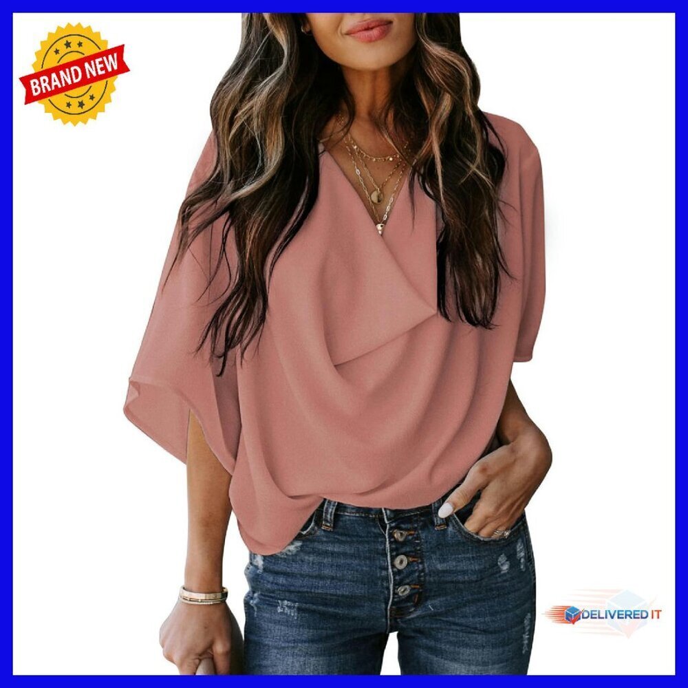 Women's 3/4 Sleeve V Neck Wrap Draped Blouse Polyester Top